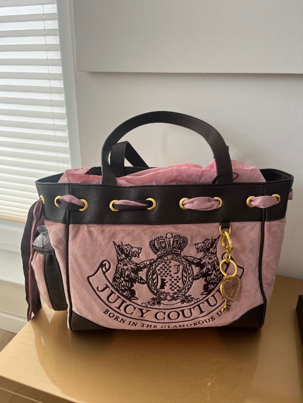 Juicy Couture Daydreamer UK pink brown gold hardware twig dog Scottie dog 2000s